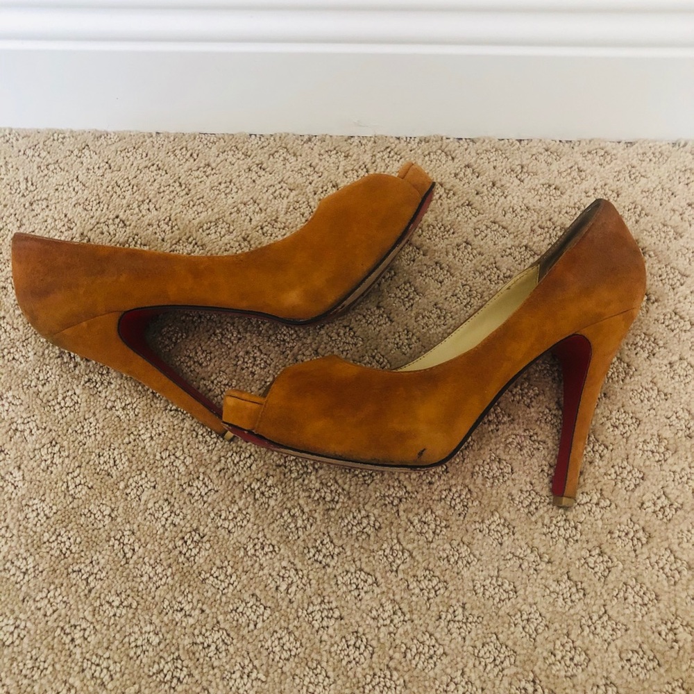 Louboutin Camel Suede Peep Toe Heels